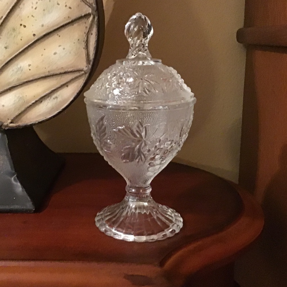 Covered grape and leaf design glass dish. Vintage